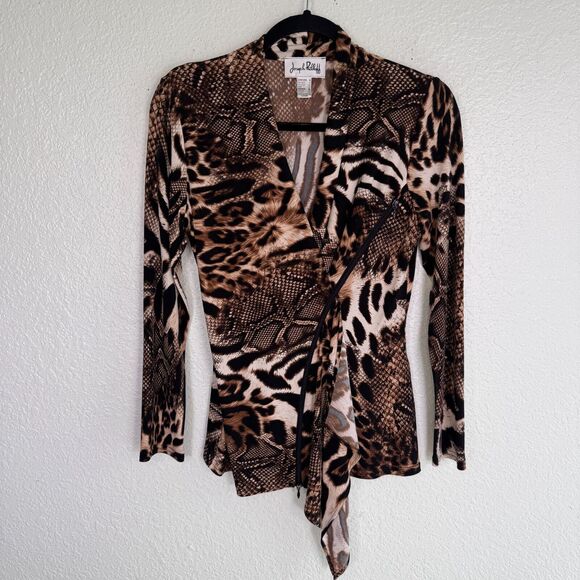 Joseph Ribkoff Top Womens 6 Leopard Snake Zipper Asymmetric Blouse Art to Wear - Picture 1 of 11
